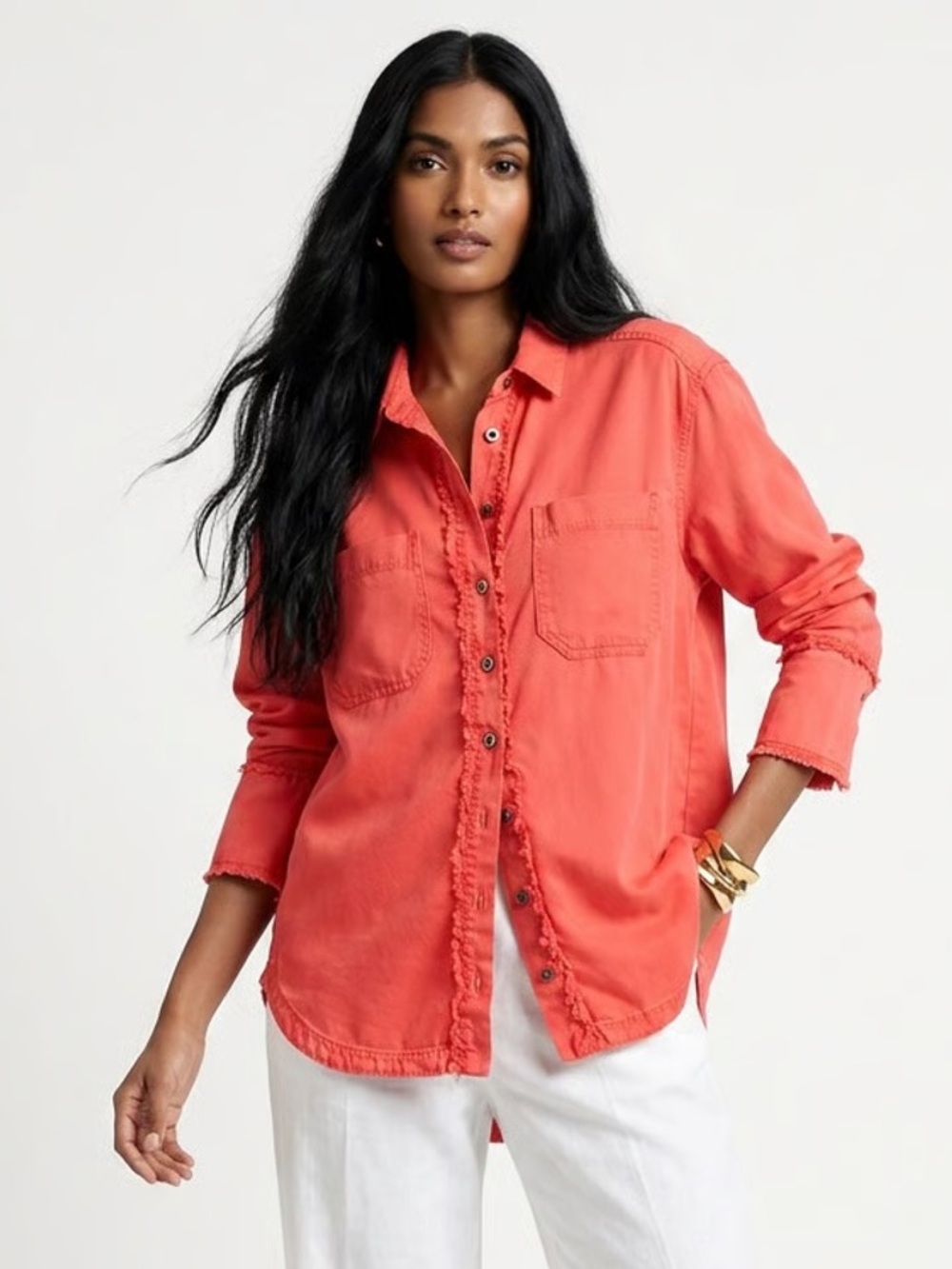 TRU LUXE JEANS | Orange Fringe Button Down Top Sz M